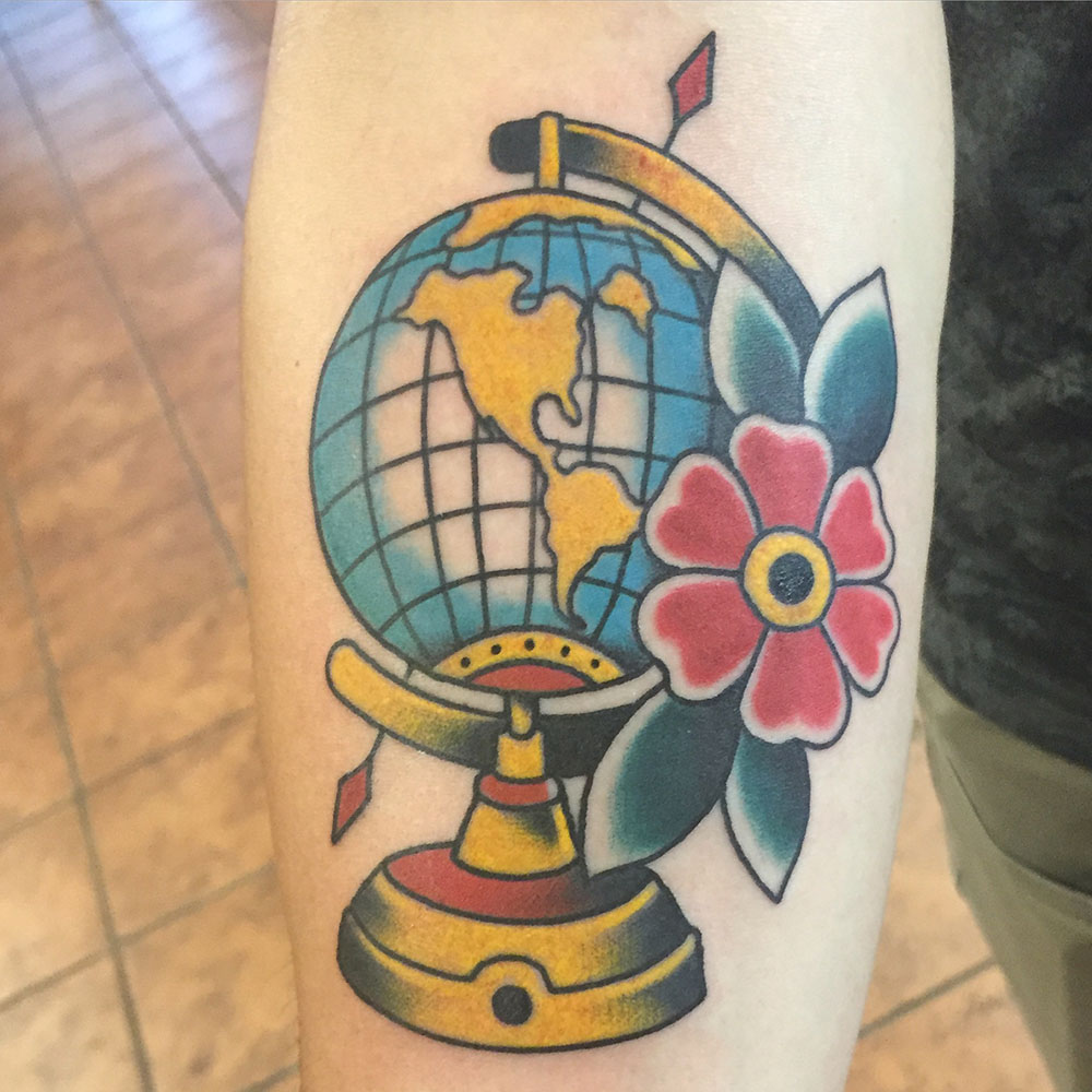 Stoked on this massive globe / poppies / travel tattoo for Brett last week.  Vintage Continental 747 was the same plane his dad worked on ... | Instagram