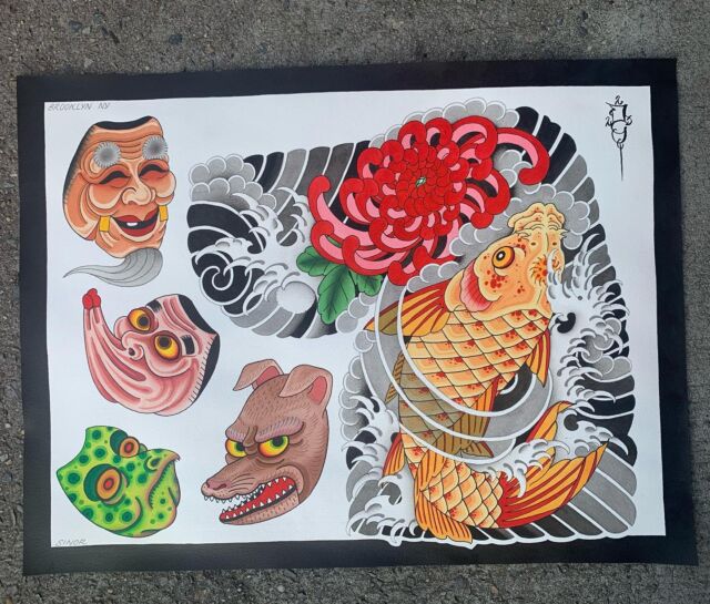 18”x24” Original featuring a 1/2 sleeve to chest panel Koi concept and Theatre Masks to balance the painting out.
.
Masks featured are Okina, Usobuki, Kappa and Kitsune. I would love to Tattoo any/all of these designs so feel free to reach out if you’re interested. Thanks Friends.
.
Made at @handofglorytattoo in Brooklyn, NY.
.
.
#irezumi #irezumicollective #irezumiculture #japanesetattoo #japanesetattoodesign #brooklyntattoo #brooklyntattooartist #itezumistudy #irezumiart #irezumipainting